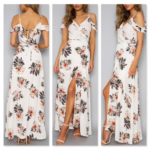 White Floral Ruffle Detail Off Shoulder Maxi Dress - Picture 5 of 8